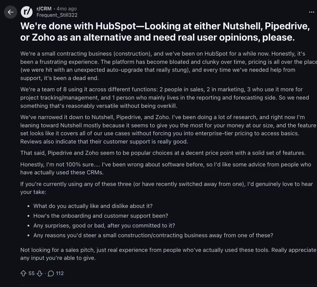 Reddit r/CRM thread titled 