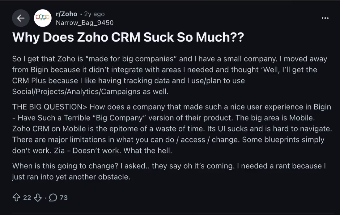 Reddit r/Zoho thread titled 